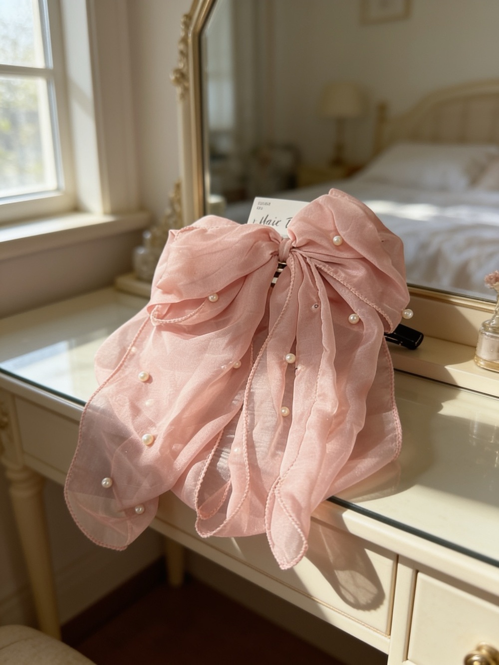 Pearl-Accent Pink Chiffon Bow Hair Scarf